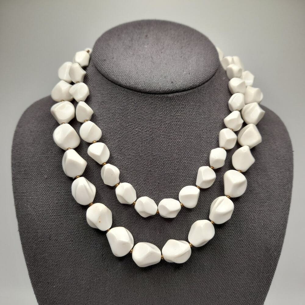 Mid-Century White Lucite Bead Necklace, Two Strands, 17 Inches